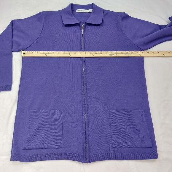 KAREN LESSLY WOMENS VINTAGE PURPLE ZIP FRONT COLLARED KNIT SWEATER CARDIGAN SZ L - Picture 4 of 7